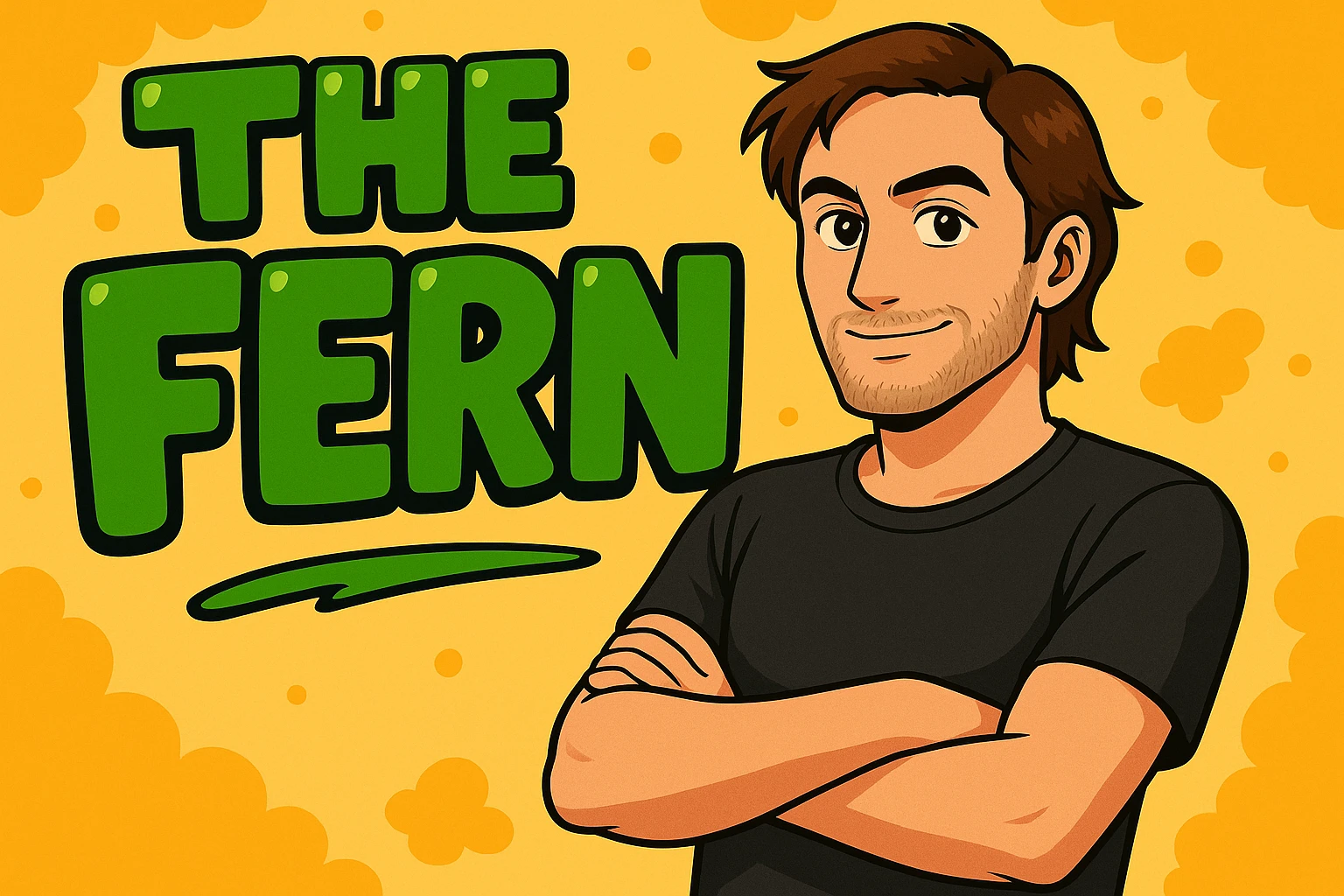 Make the brunette anime man look a little older (late 20s to early 30s) with more mature facial features, still leaning to the side with arms crossed, in front of green bubble letters that say 'The Fern'. He should have a black t-shirt, no jacket, medium-length brown hair, and an expressive anime face. Keep the vibrant, cartoonish, eye-catching vibe as in the original style. emoji