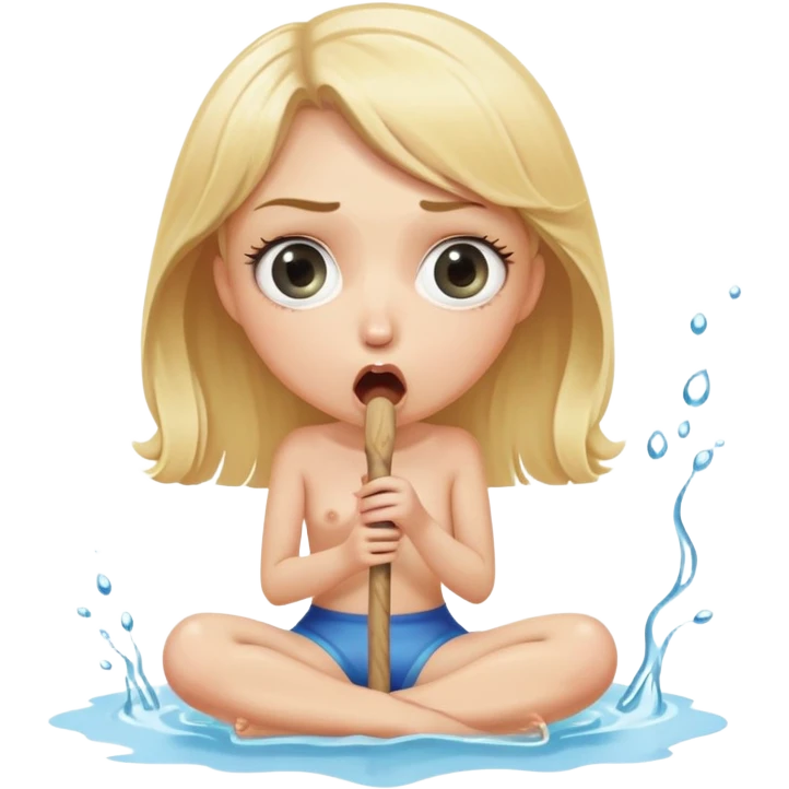 blond woman sitting on her knees with wide eyes, holding a wide skin-colored stick with a D-shaped knob, the knob has skin texture, water squirting from the flat side of the knob into her mouth, shocked face emoji