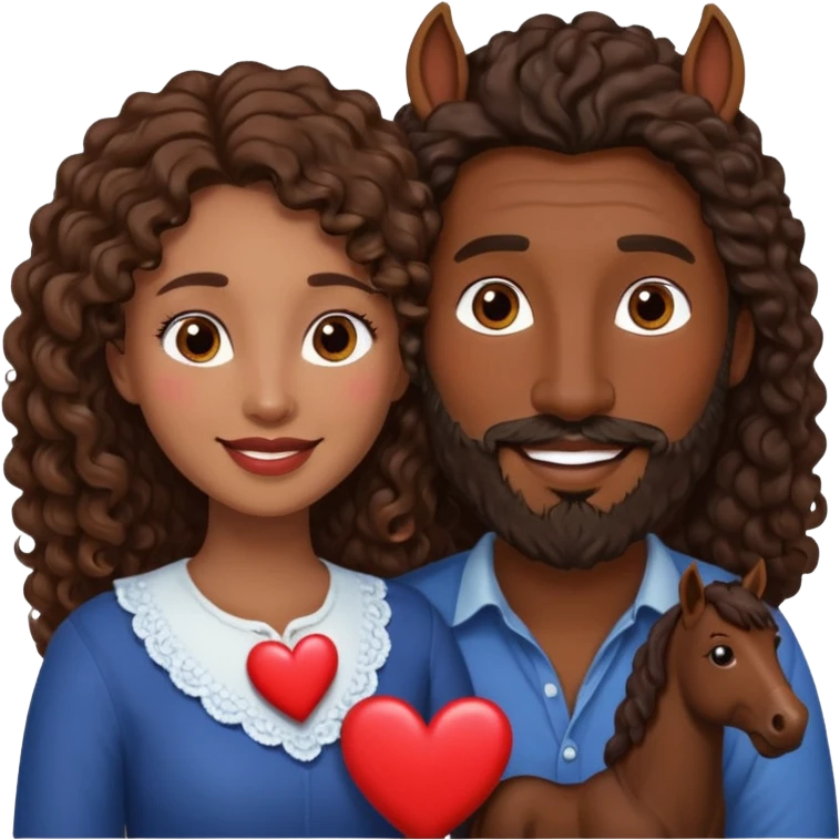 pareja de Mujer morena rizada cabello largo castaño ojos oscuros y hombre piel blanca con caballo oscuro con barba y ojos marron alrededor de la pareja corazones emoji