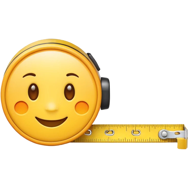Cute emoji-style measuring tape roll, yellow color with orange highlights, soft edges, small eyes and smile for fun cartoon effect, simple emoji icon style. emoji