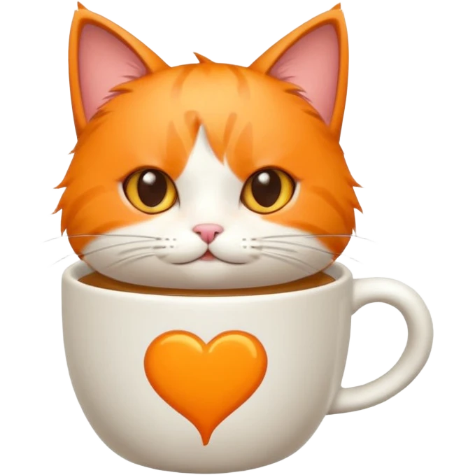 anime character cat that is orange cat, that its body is inside of a coffee cup, but head is howing up. coffee cup is white emoji