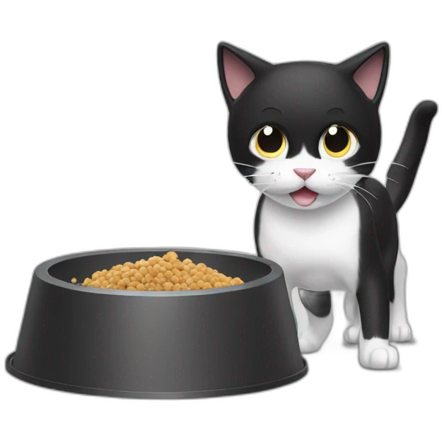 A black and white cat fighting with a pet feeder emoji