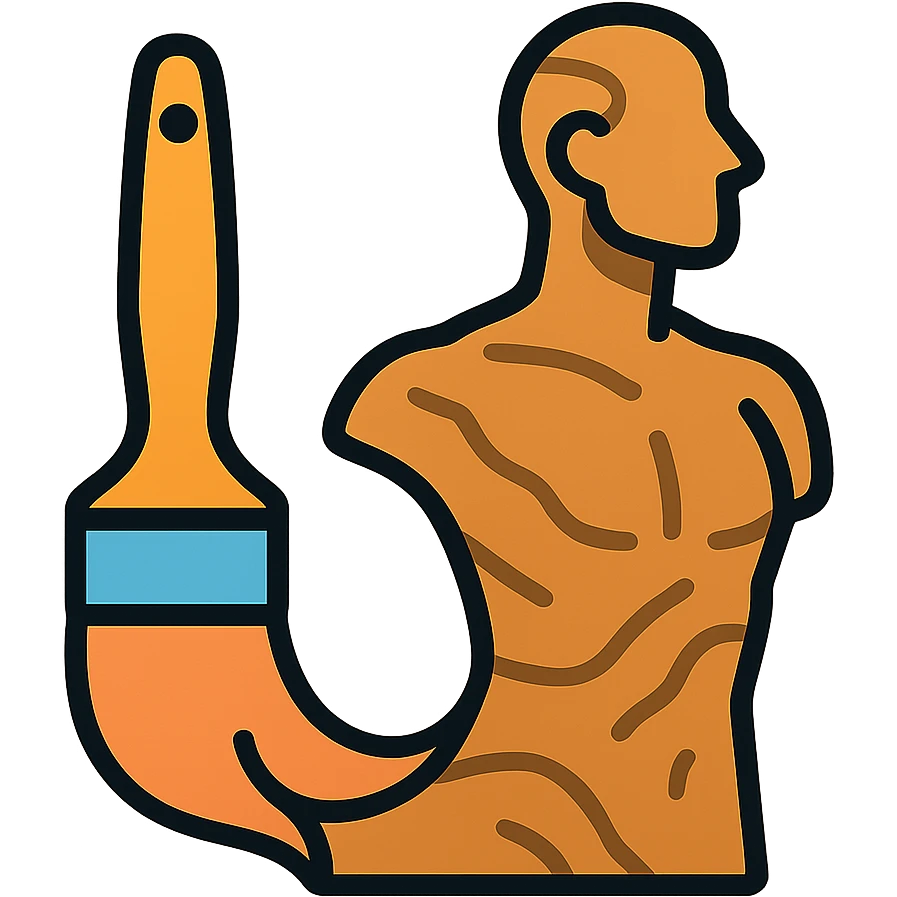 A paintbrush transforming into a bronze metallic human figure sculpture, artistic identity symbol, with sculptural texture emoji