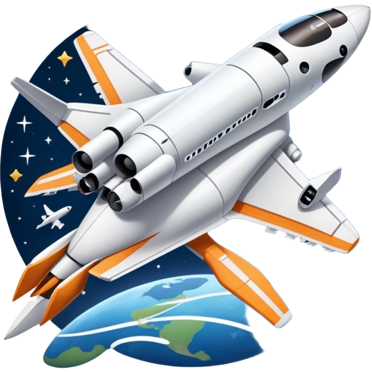 An icon featuring a space shuttle, a drone, and an airplane against a starry sky, symbolizing aerospace technology. The design includes rocket boosters and satellite orbits, representing the exploration of space and advanced aviation. Transparent background emoji