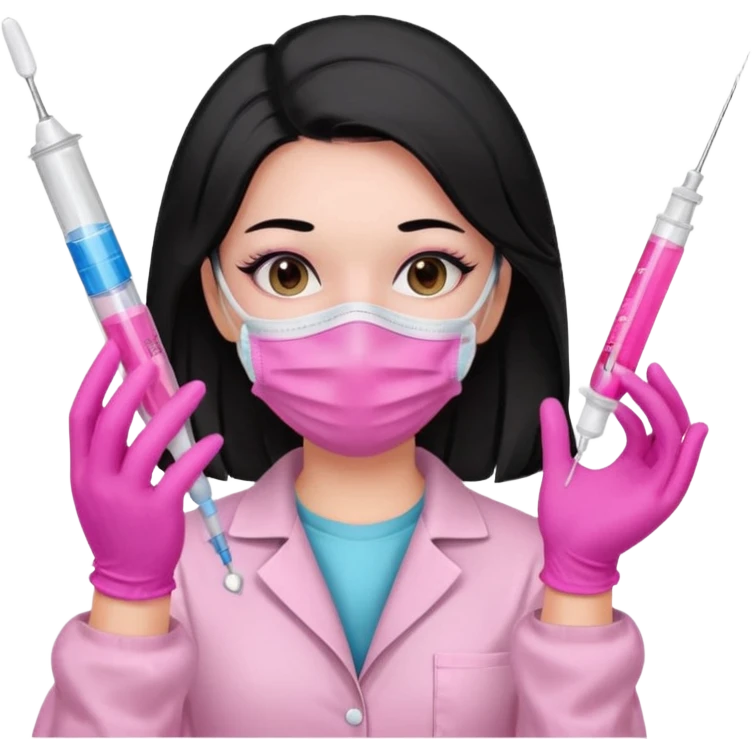 laboratorista con guantes rosa y mascarilla rosa  jeringa tubos  sin lentes pelo lacio negro y largo  emoji