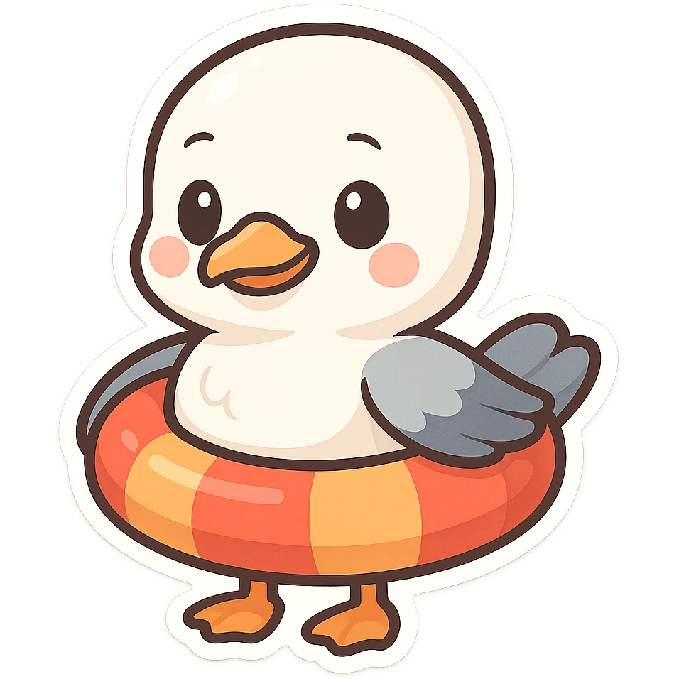 a cartoon seagull with a round swim float, bright colors emoji