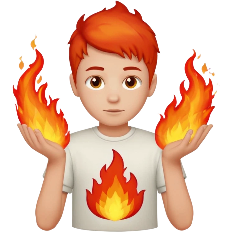 A boy with no hands fire instead made out of red fire and the boy is wearing a shirt that says FIRE C emoji