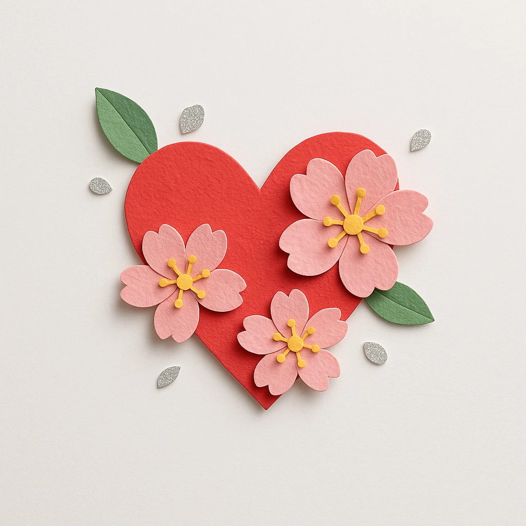 heart with sakura flowers and silver accents, paper craft style emoji