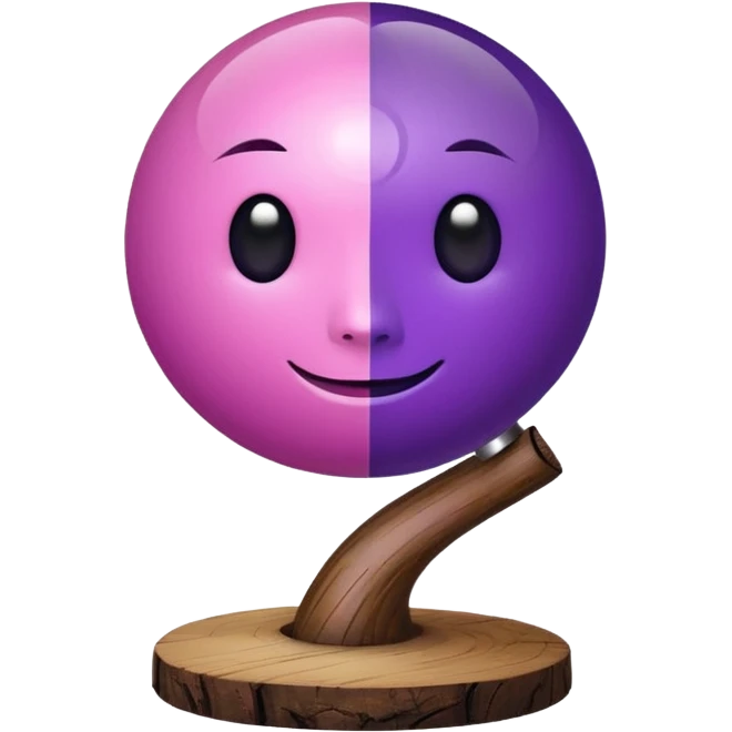 A half pink half purple ball with a face wooden stem followed by a glass stem on top of the wood stem tilted 90 degrees emoji