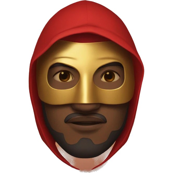 Man with red hooded robe and golden mask emoji