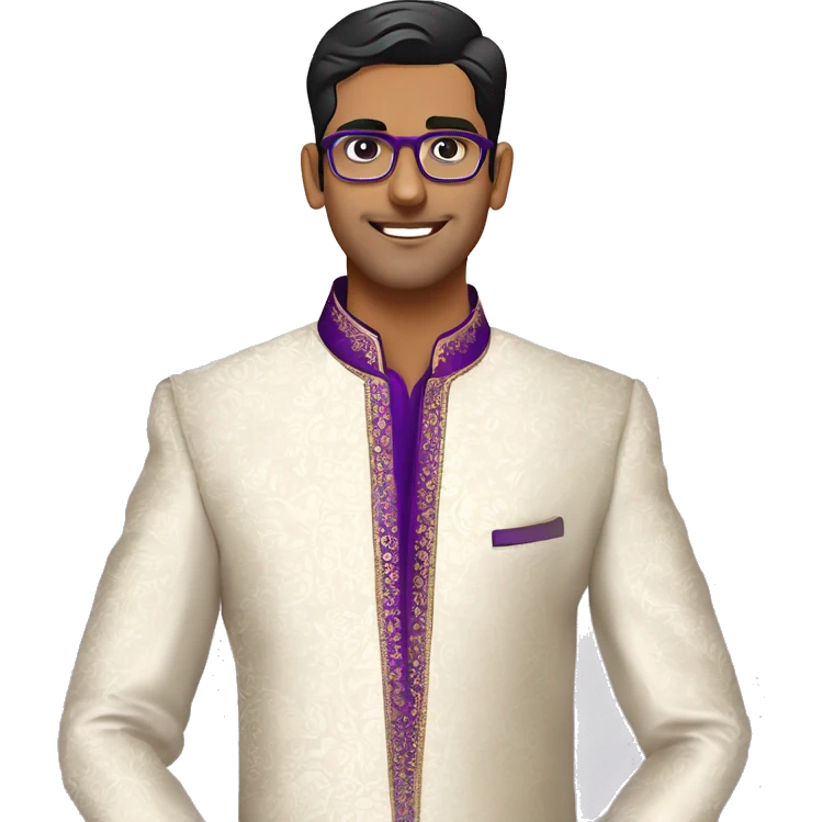 Full length Fair skinned south indian bridegroom wearing purple sherwani with floral design and wearing aviator style spectacles emoji