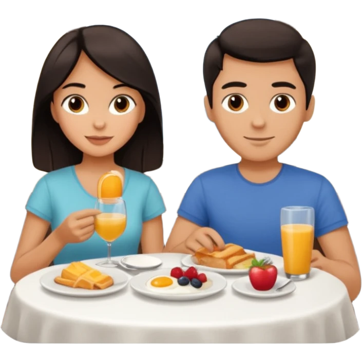 pon una pareja desayunando sedayuno de hotel pareja de pelo moreno emoji