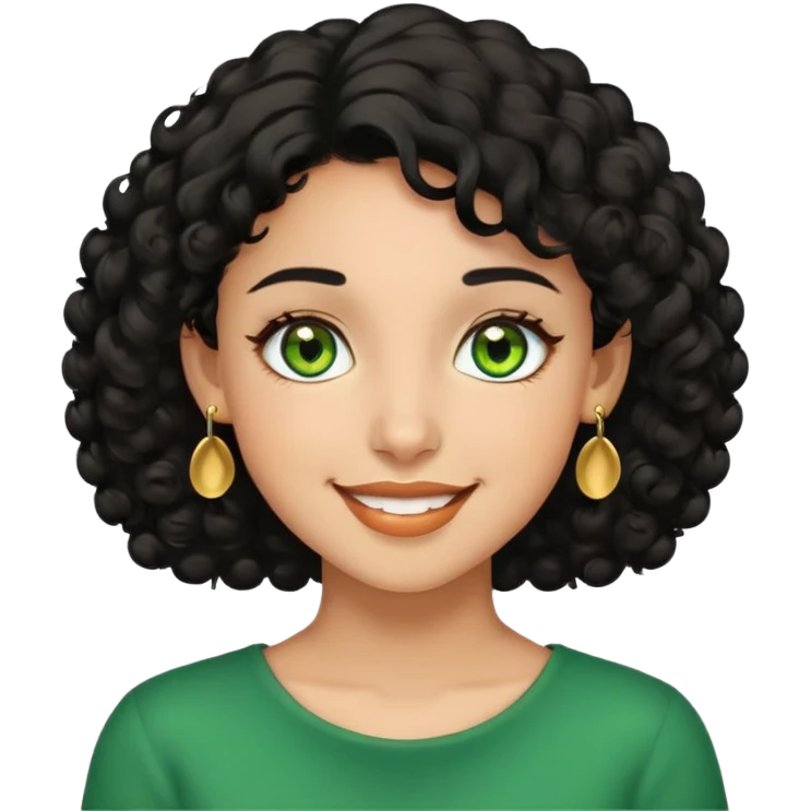 girl showing happiness, medium skin tone, short curly black hair, gold earrings, green eyes Minimal emoji showing happiness, medium skin tone, short curly black hair, gold earrings, green eyes emoji