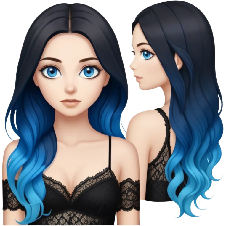 Beautiful Buxom-full body-deep blue eyes-very long brunette to sky blue ombre hair-big juicy booty, wearing black lace, sfw emoji