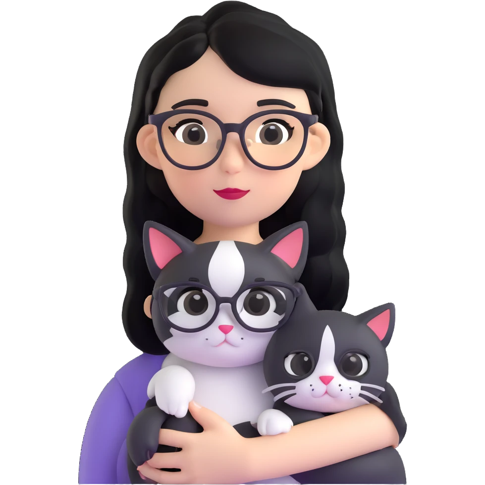 Girl with black hair wearing glasses holding a black and white cat emoji