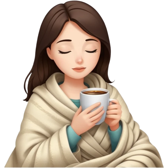 Brunette girl wrapped in cozy blanket sipping hot coffee with eyes closed emoji