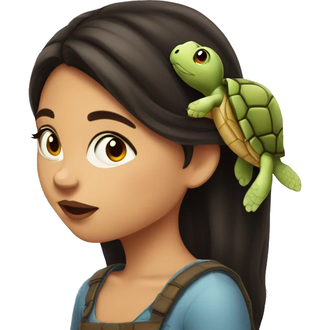 European girl with dark hair kiss little turtle emoji