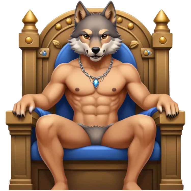 alpha wolf shirtless sitting in a throne with his pack behind him emoji