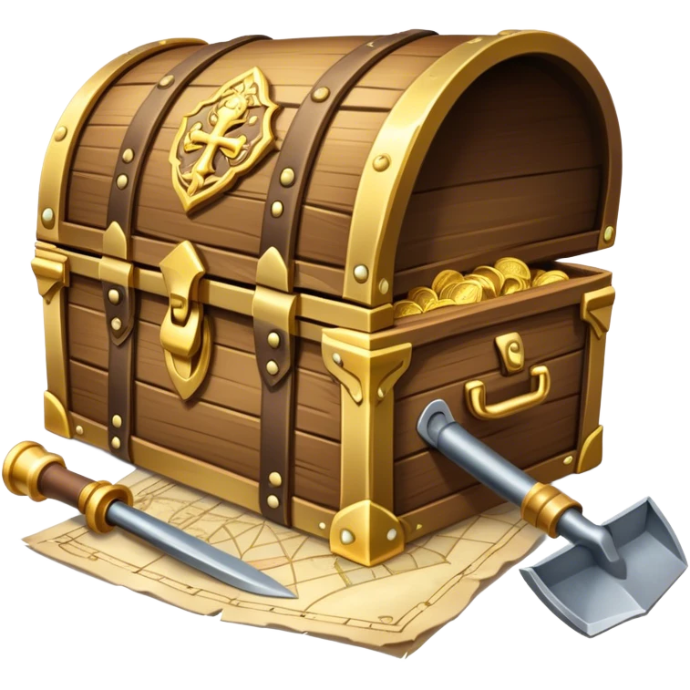 An icon showcasing a treasure chest filled with gold, a treasure map rolled up beside it, a backpack and shovel. The design captures the essence of treasure hunting, exploration, and excitement, set on a transparent background to emphasize the thrill of discovery. emoji