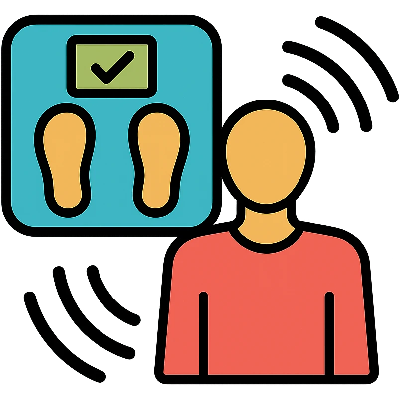 iOS app icon with a smart scale and a human figure, surrounded by digital scan waves, conveying technology-driven, personalized weight loss recommendations emoji
