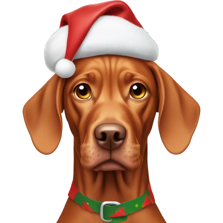 Vizsla wearing Xmas hat with wide eyes and drooling  emoji