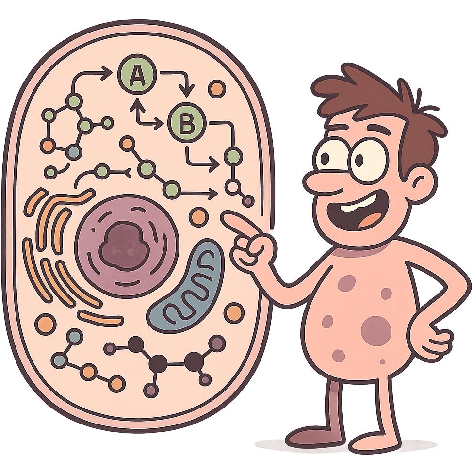 stylized cell with visible metabolic pathways and molecules, educational look, flat toon style emoji