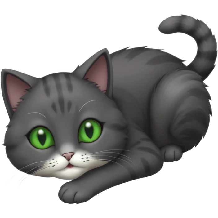 solid dark grey cat with green eyes, completely solid grey face, white toes/paws playfully rolling upside down emoji