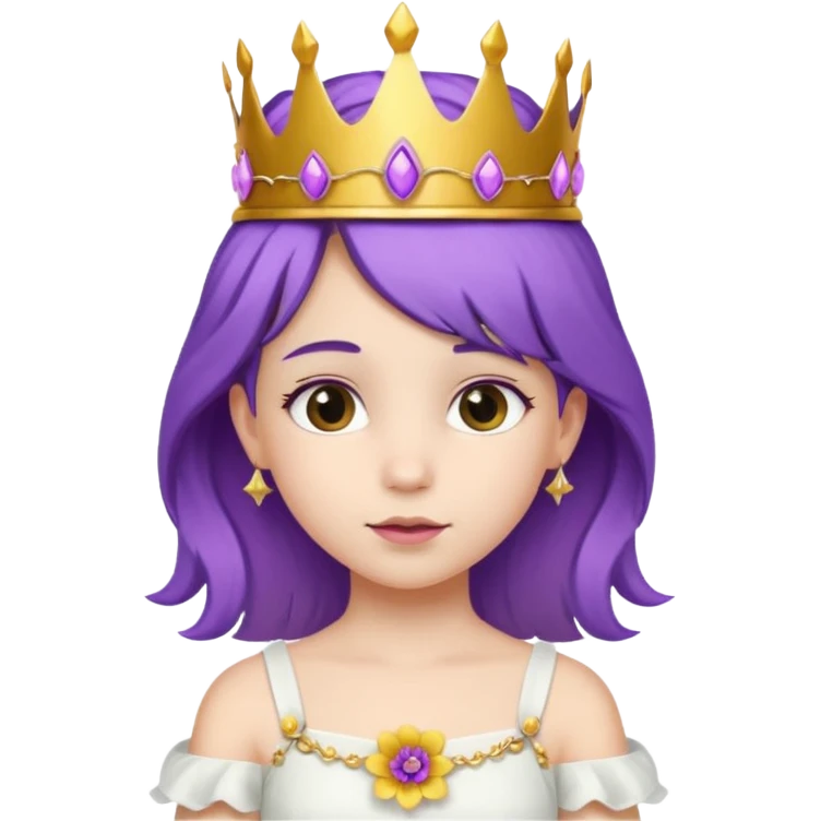 Princesses kid girl, with Gold Crown and flower on purple hair, with white dress emoji