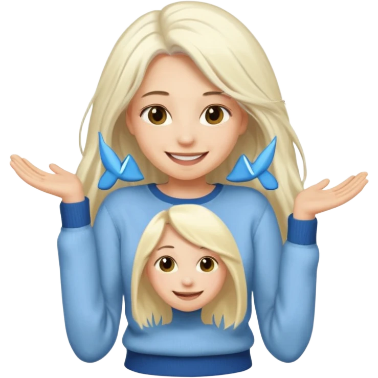 blonde woman with long white hair, smiling, taking off a sweater, simple features, emoji style emoji