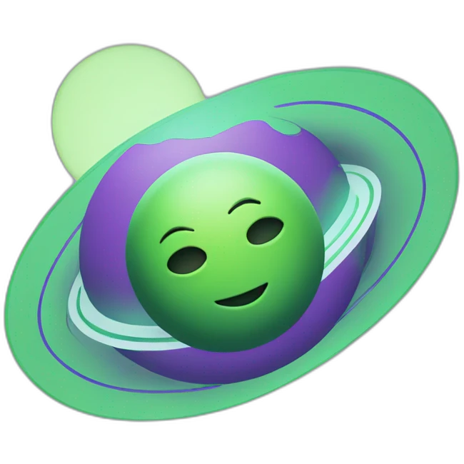 green planet with purple saturn rings and white moon emoji