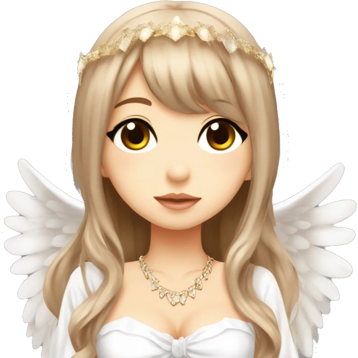 hime gyaru girl, angel wings, halo, white dress, long brown beautiful hair  emoji