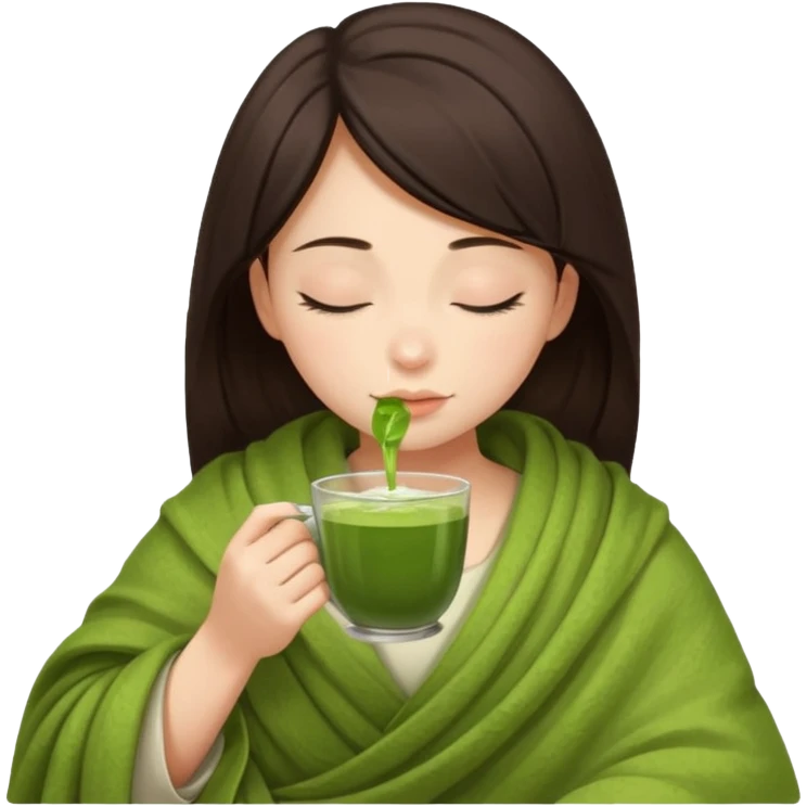 Dark brown hair girl inside a blanket sipping matcha eyes closed emoji