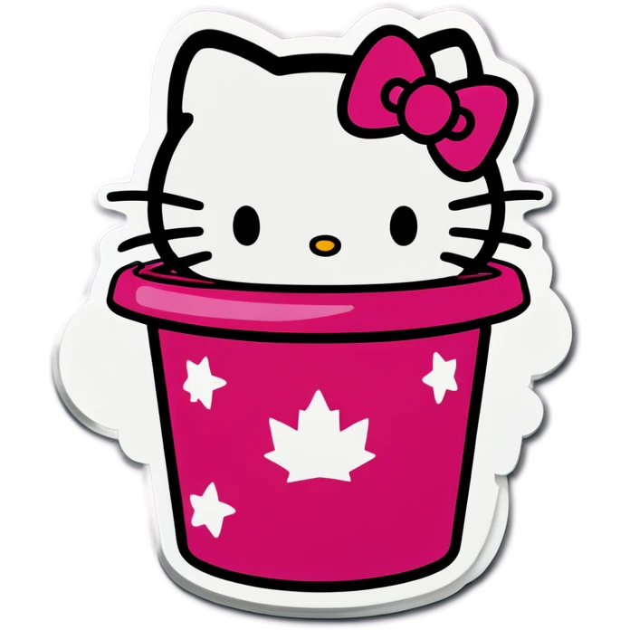 A trash bin that says GOODBYEEEE with hello Kitty in it emoji