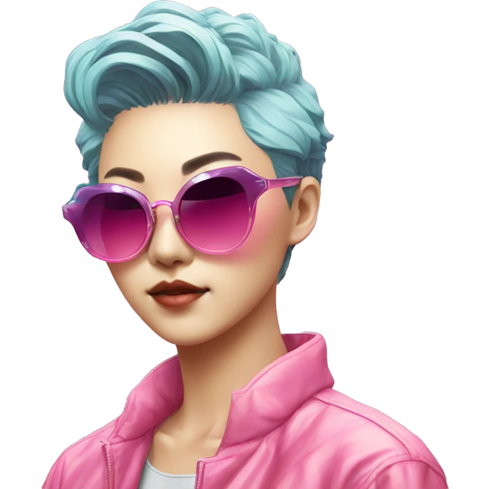 a short-haired Taiwanese lesbian with vaporwave style, sunglasses with vaporwave image on it. emoji