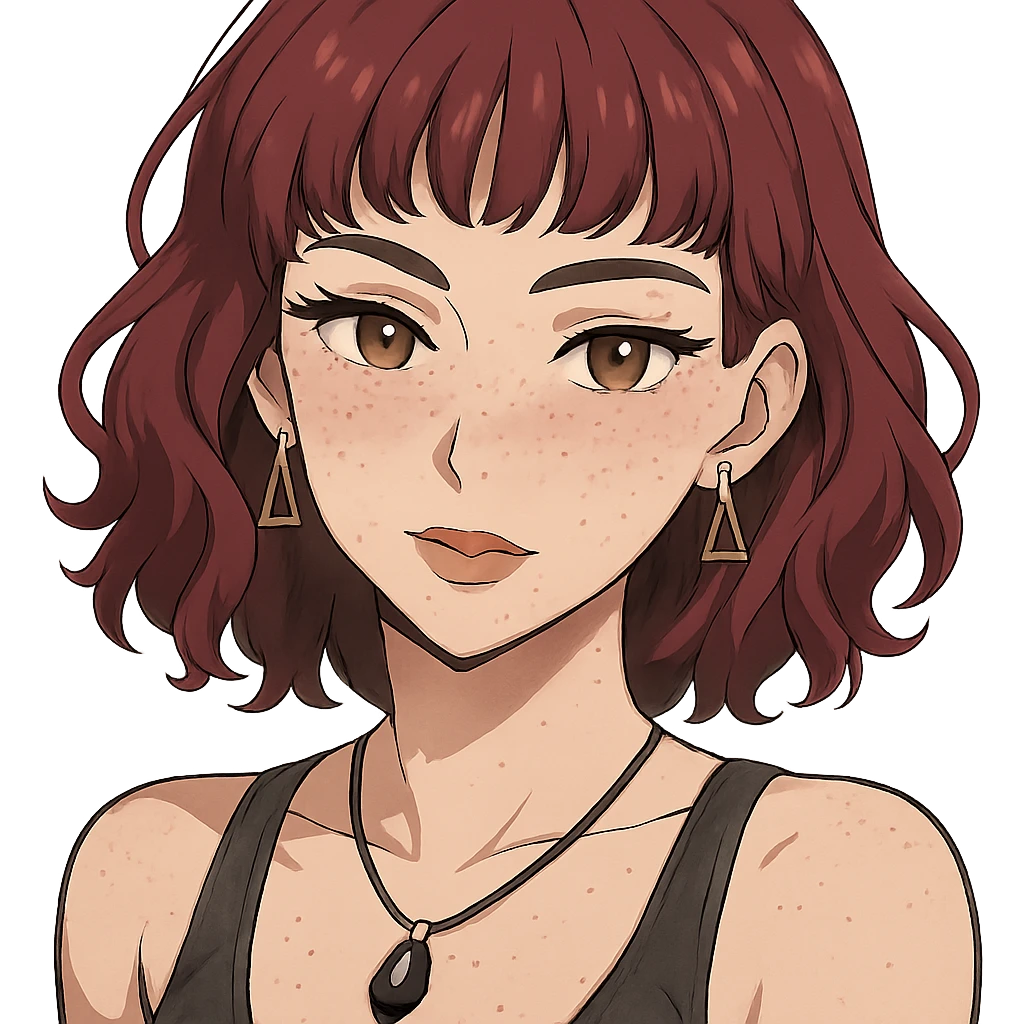 white woman with freckles, teardrop nose piercing, wavy wine-colored hair to shoulders, short bangs, triangular earrings, black stone necklace, tank top, thick eyebrows, large brown eyes, adult anime style, sensual emoji