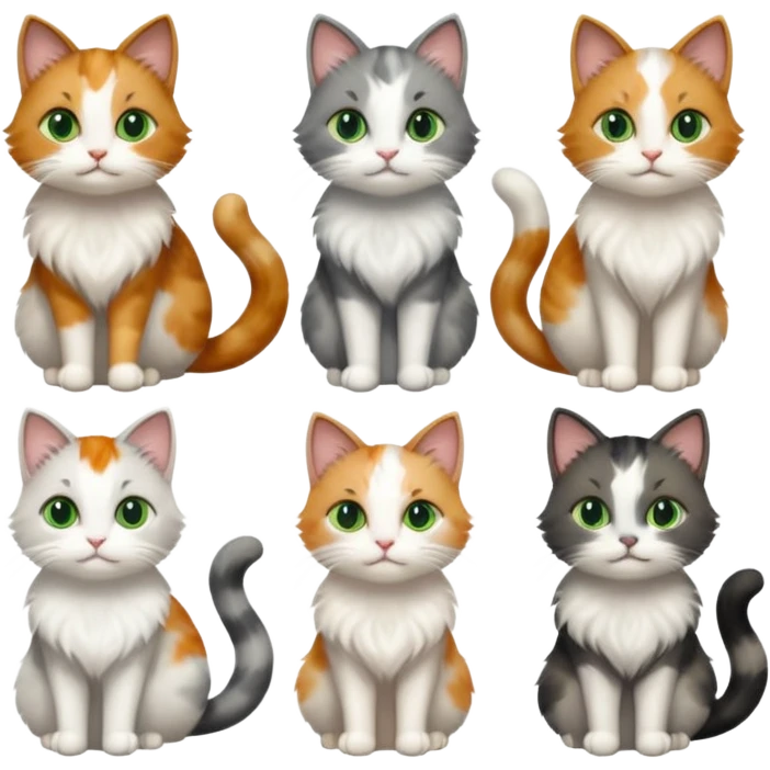 6 realistic looking cats with different natural coloured coats, assorted grey and white, greys, calico colours etc
 emoji