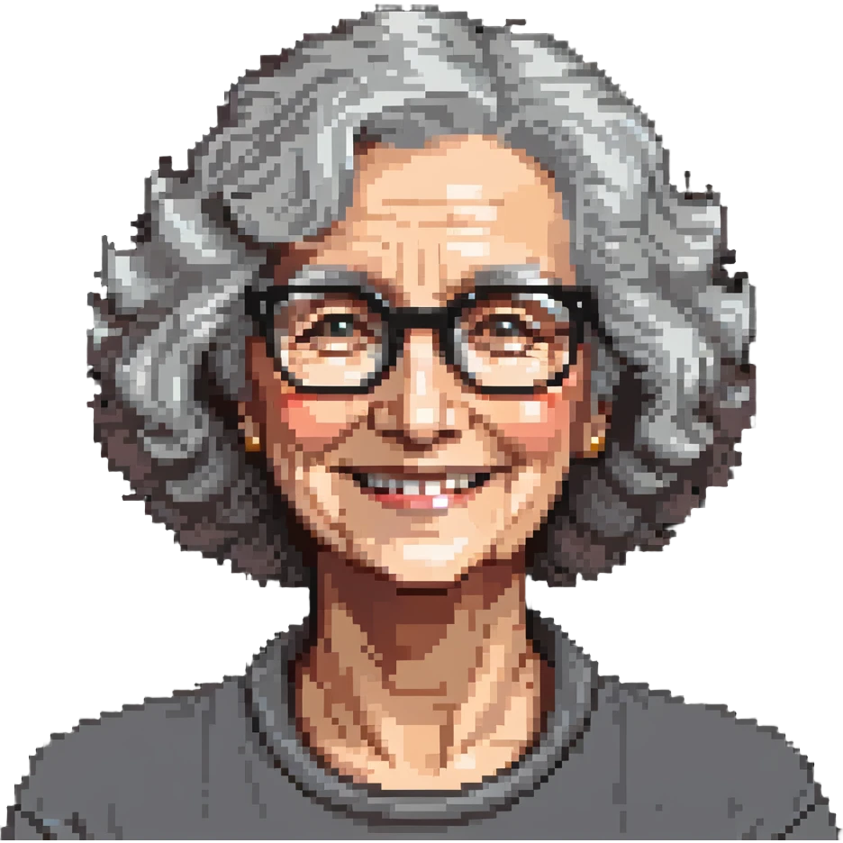 portrait of a smiling elderly Caucasian woman in her 70s, grey curly hair, glasses emoji