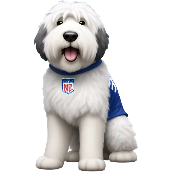 Old English Sheepdog full height wearing a dodgers jersey emoji