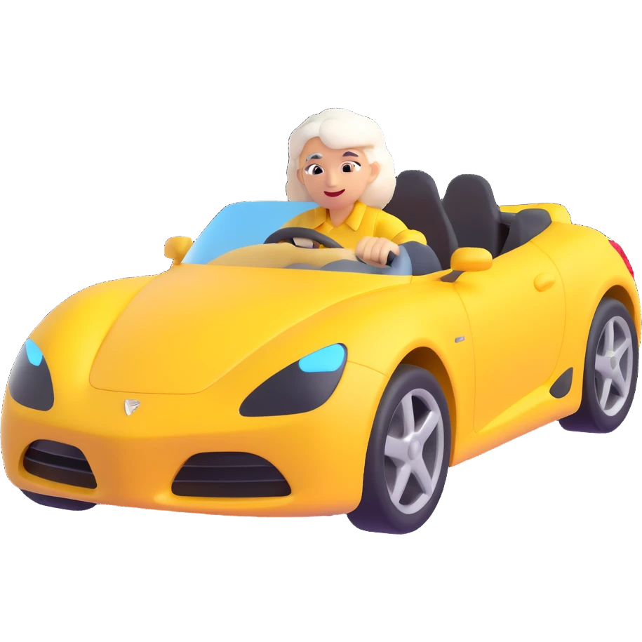 Make the entire image 30% more realistic, including the mother with white hair and the yellow sports car, keep fast and furious vibe, dynamic motion effects, sporty 3D emoji style, no background. emoji
