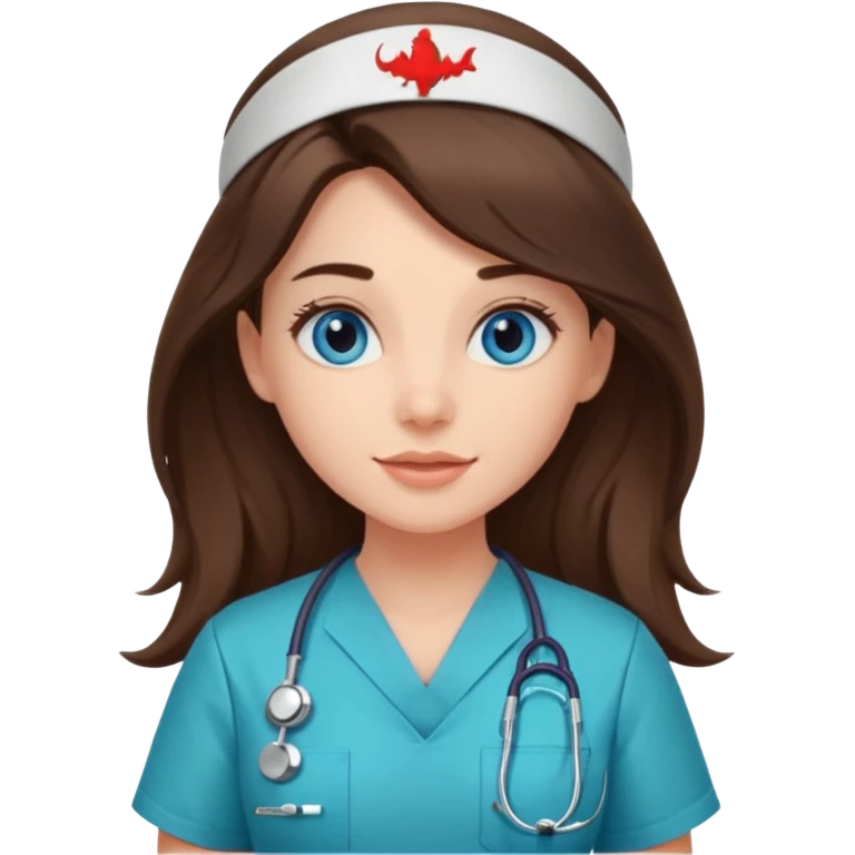 pretty brunette nurse with long hair and blue eyes in dinosaur scrubs emoji