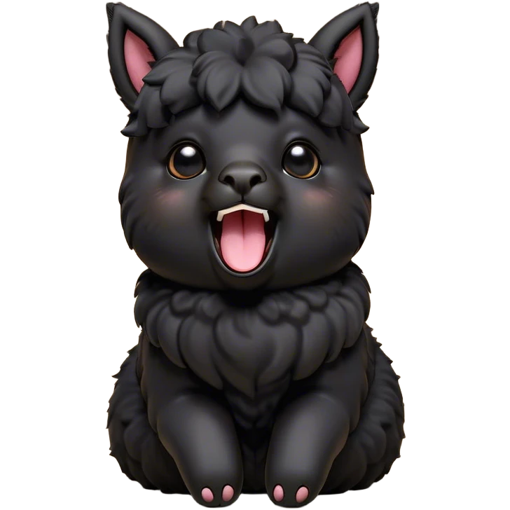Cinematic Cute Yawning Black Alpaca Portrait Emoji, Head tilted slightly with a dramatic, wide-open yawn, showcasing a soft, plush jet-black fleece with gently drooping ears, round dark eyes barely open in drowsy contentment, Simplified yet irresistibly adorable features, highly detailed, glowing with a soft, cozy glow, high shine, relaxed yet expressive, stylized with a touch of whimsy, bright and endearing, soft glowing outline, capturing the essence of a sleepy yet affectionate alpaca, so drowsy it feels like it could stretch out of the screen and curl up for a nap! emoji