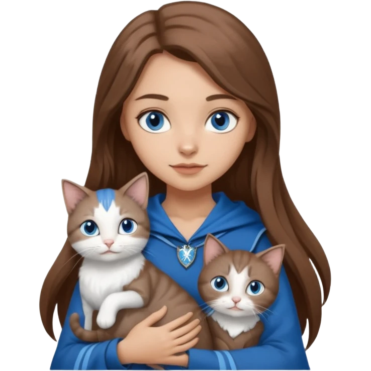 gorgeous Girl with light skin, blue eyes, long brown hair, wears a ravenclaw outfit, with a grey and white cat holding in her arms emoji