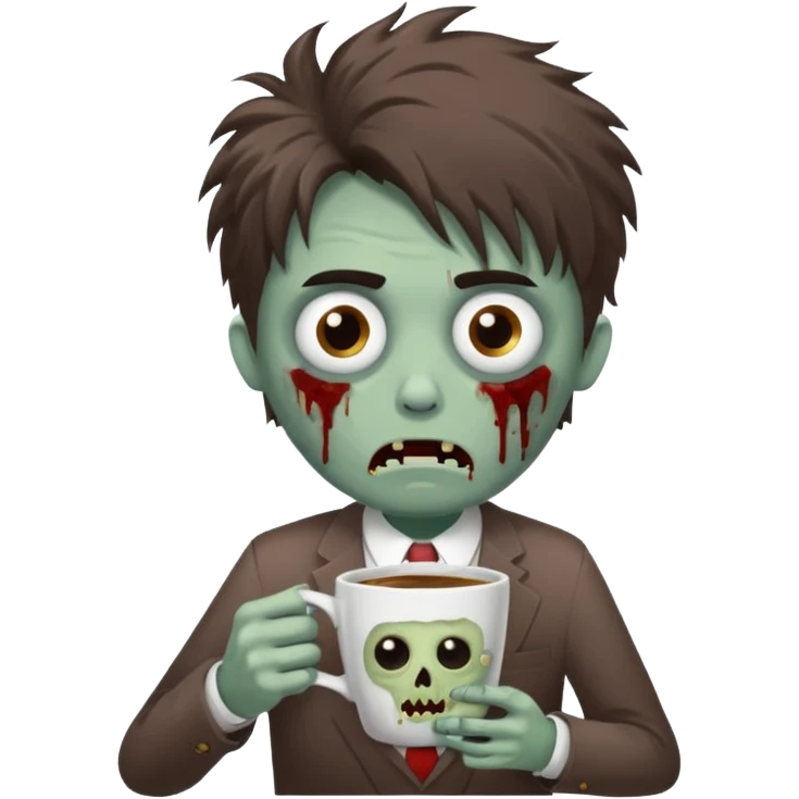 A cute but exhausted office worker character looking like a zombie, holding a giant cup of coffee, dark circles under eyes, messy hair, flat 2D vector art, white background, "Monday Vibes" text. emoji