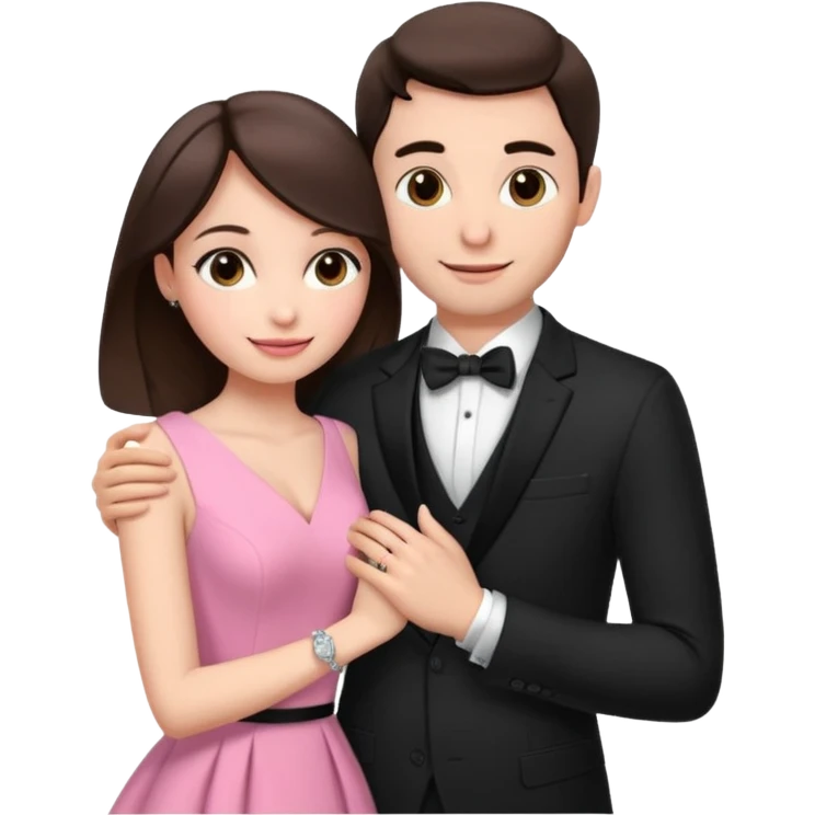 Brunette girl, with an engagement ring on her finger hugging a handsome man, (her boyfriend) both of them happy, she’s wearing a pink dress, he is wearing a black suit, he’s also a rich businessman, and there is the 💜 purple heart emoji on top. They look in love with each other.  emoji