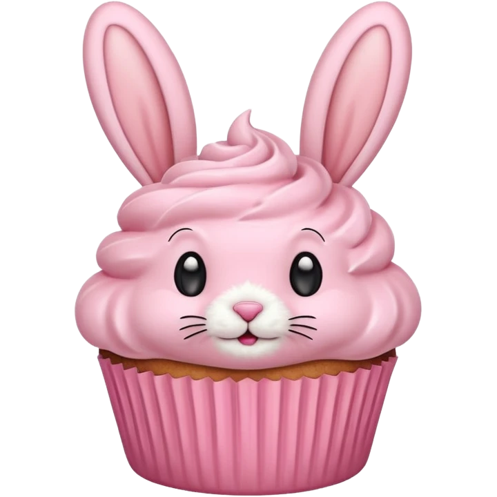 cupcake with pastel pink frosting decorated to look like a bunny face emoji