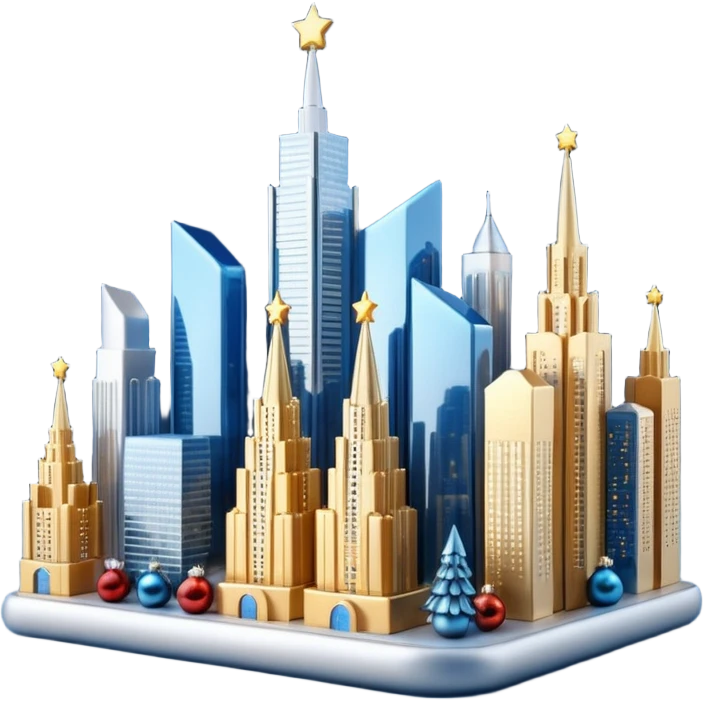 3D emoji of Moscow City business district skyline. A cluster of stylized skyscrapers with different shapes (gold, blue, silver). Decorated with tiny glowing Christmas lights. Soft 3D render, clay and glass textures, Apple aesthetic, isolated on a white background. emoji
