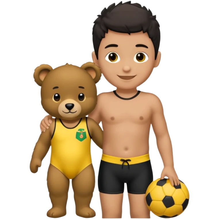Une garçon qui a les cheveux noir qui sourit il a un maillot de l’algerie et qui a un doudou sur son epaule un ours jaune qui a des habille noir emoji