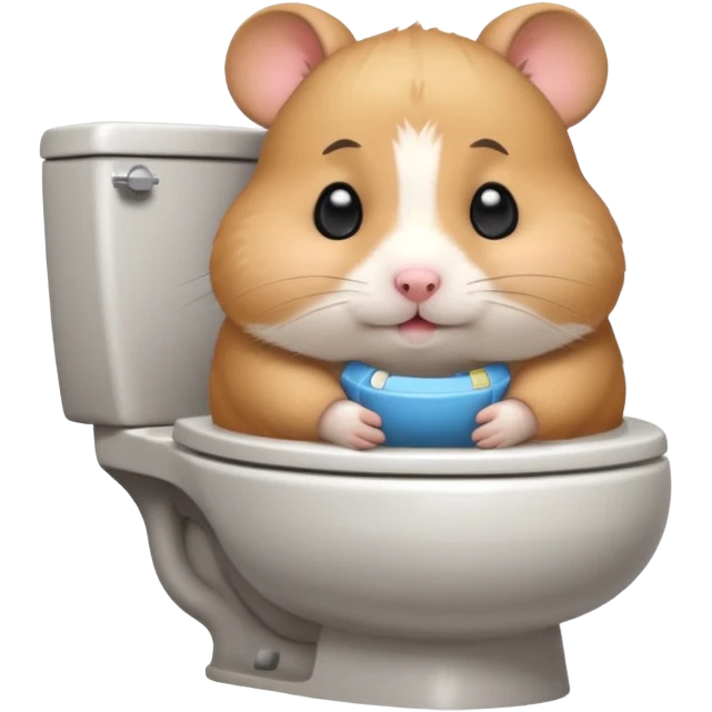 Cute chubby cartoon-style hamster sitting on toilet, sticker-style illustration emoji