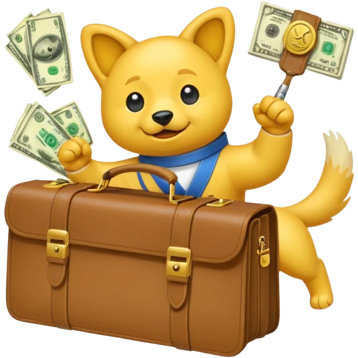 Yellow emoji with karate dogs, a briefcase, money, a phone and a paintbrush flying in its aura emoji