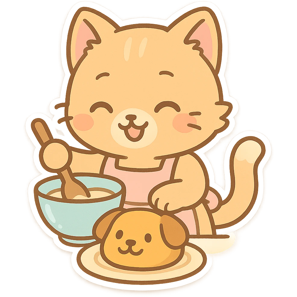 chibi-style cat happily baking a dog cake, pastel colors emoji